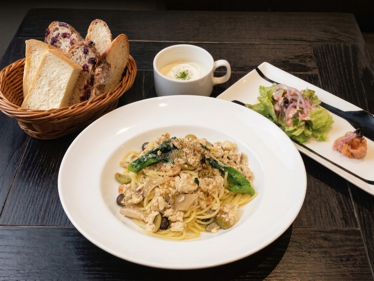 菜の花と鶏肉ラグーのオイルソーススパゲティー